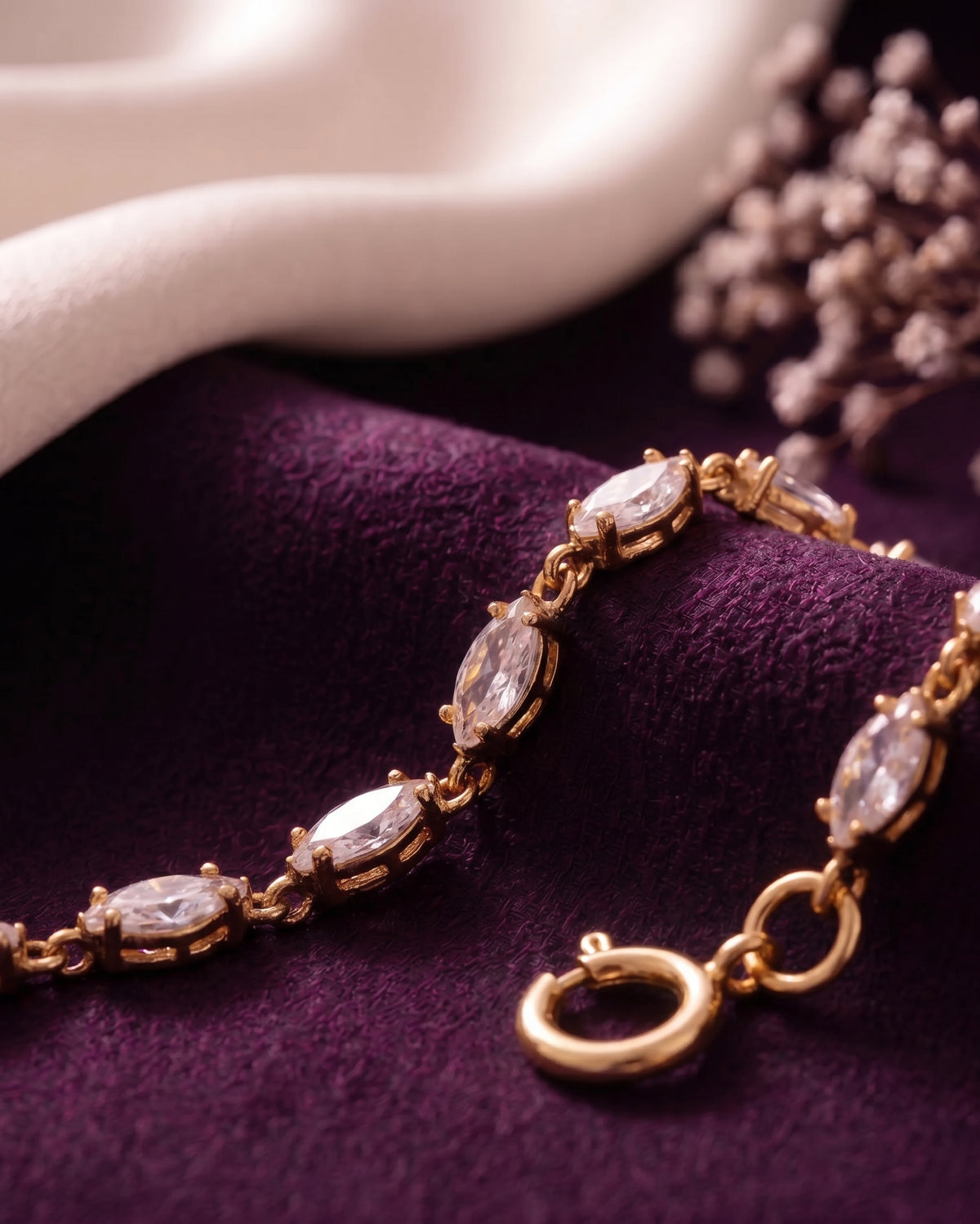 Close-up of marquise-cut cubic zirconia stones in claw settings