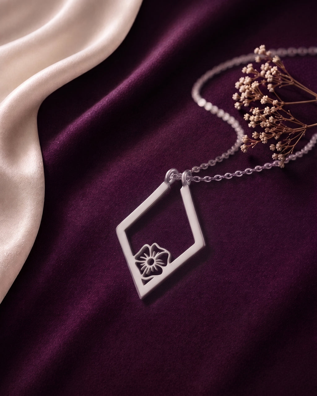 Silver tone birth flower ring holder necklace with cream satin and dried flowers
