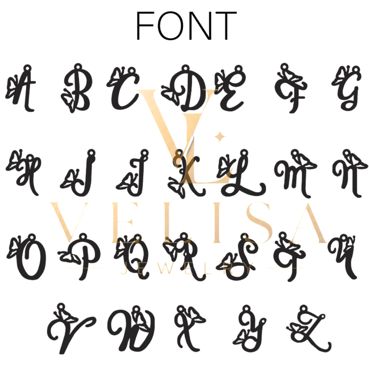 Font chart showing the butterfly initial design for every letter from A to Z