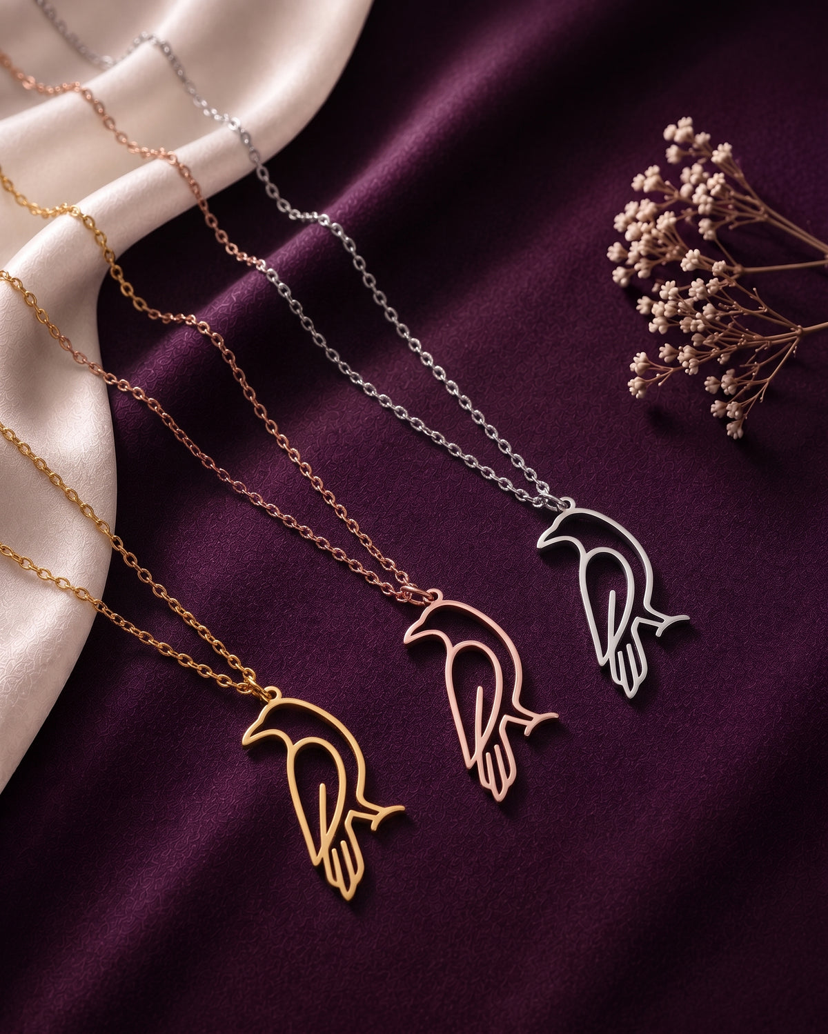 Three crow necklaces in different tones side by side