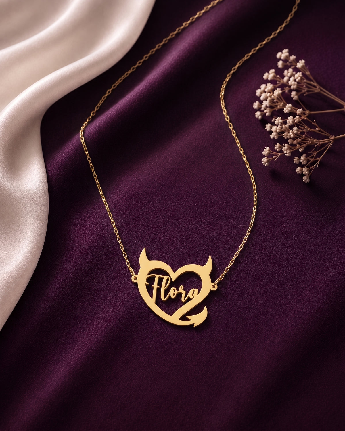 Devil heart name necklace with cream satin and dried flowers
