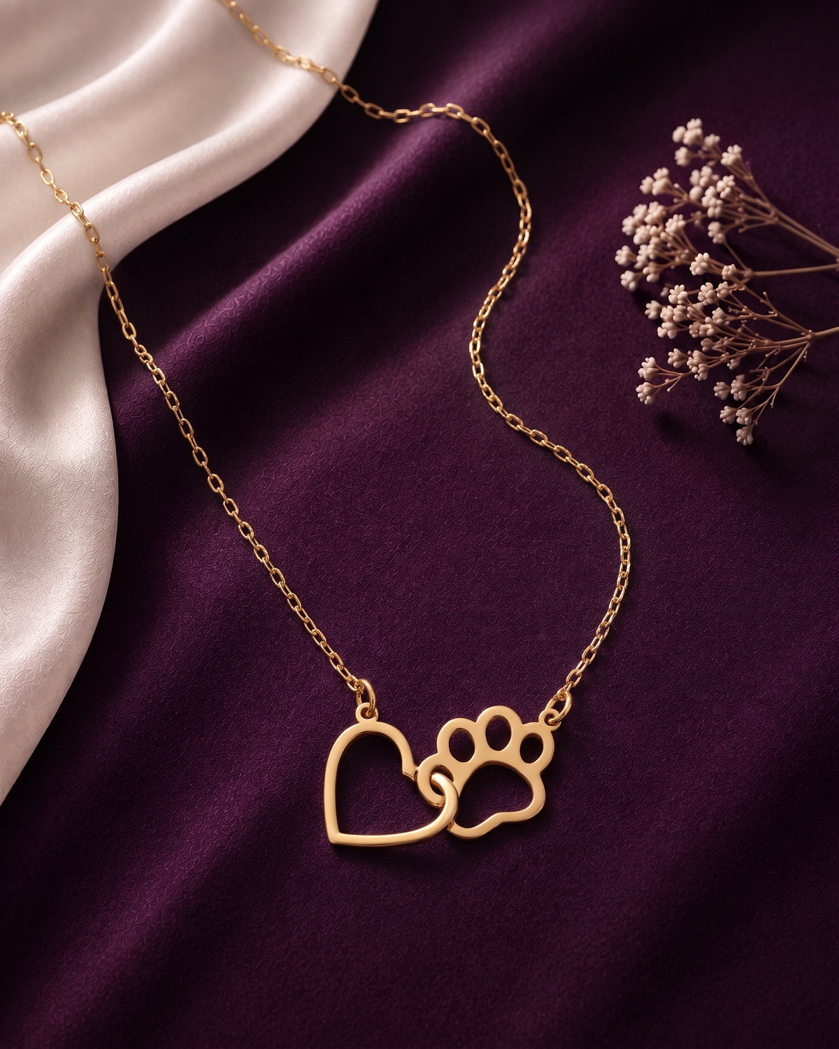 Heart and paw necklace with cream satin and dried flowers