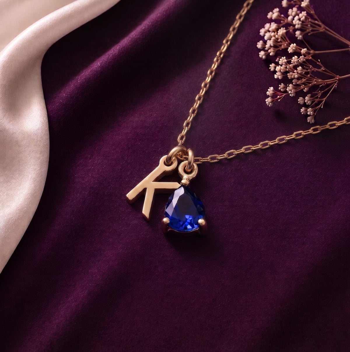 Initial and birthstone necklace with cream satin and dried flowers