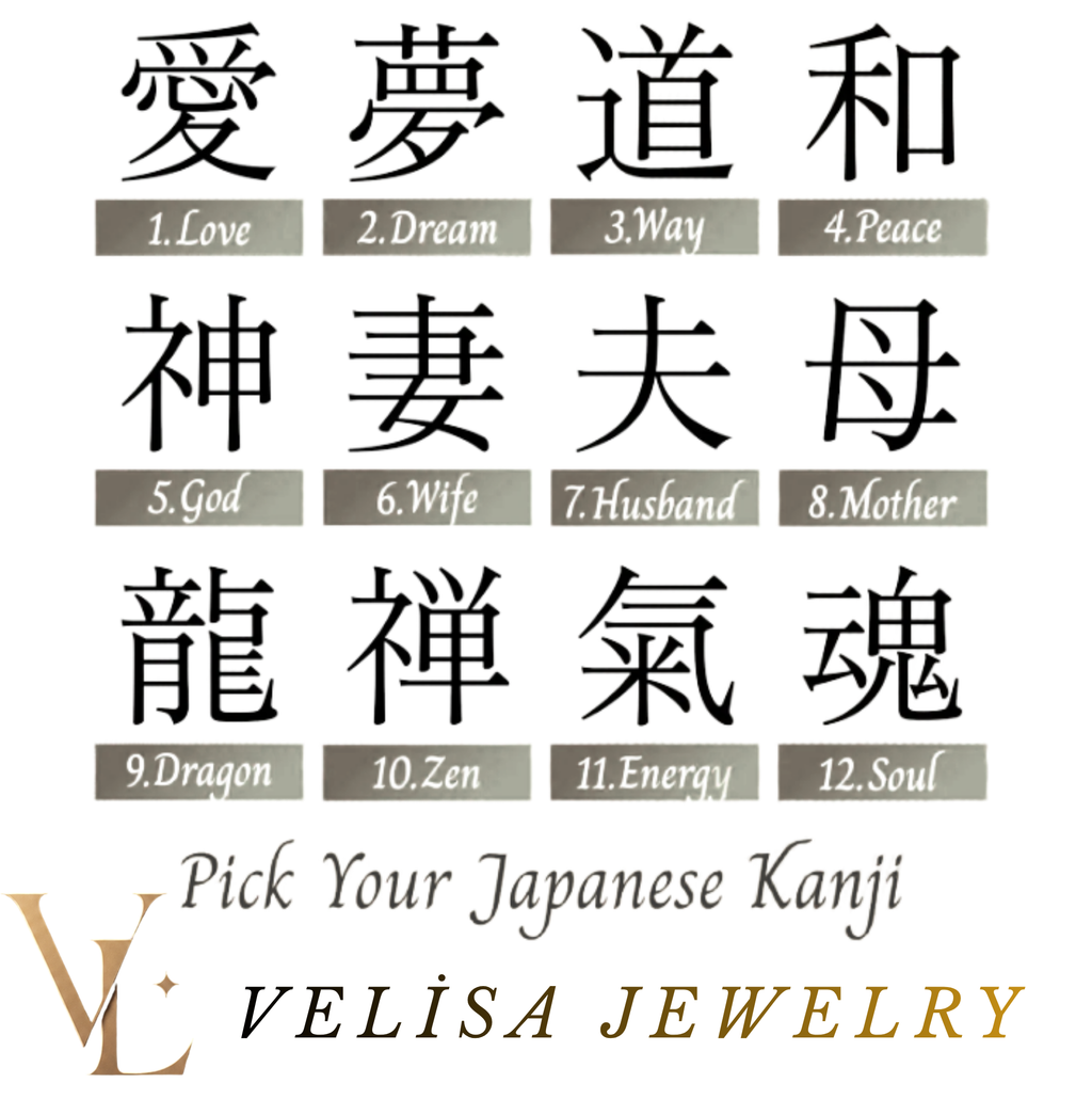 Chart of twelve Japanese kanji with their English meanings