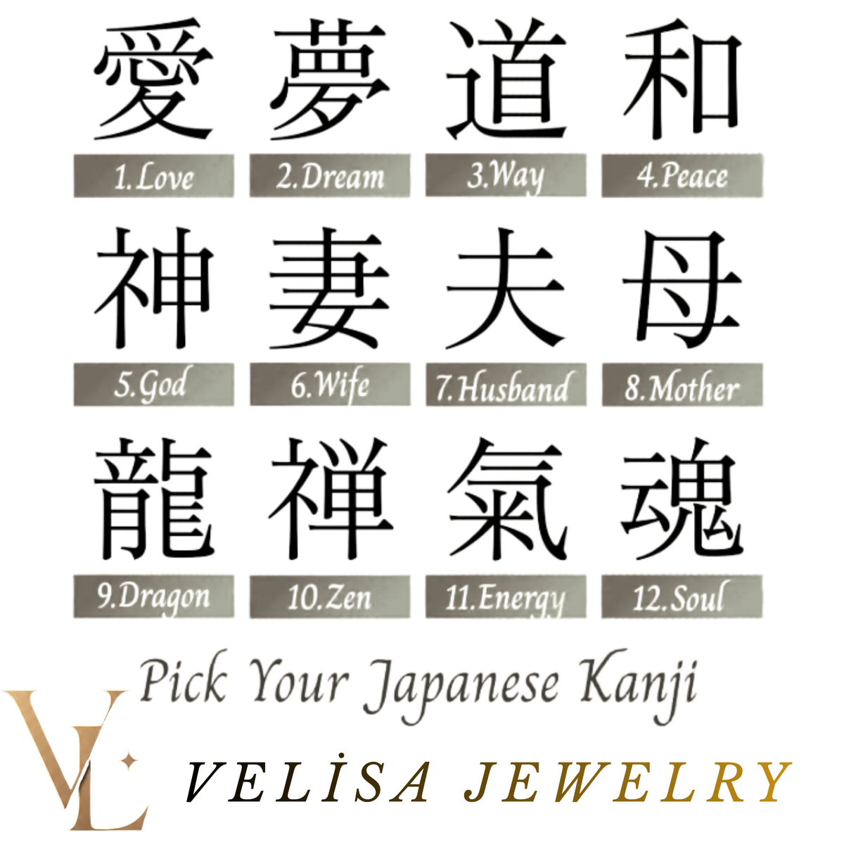 Chart of twelve Japanese kanji with their English meanings