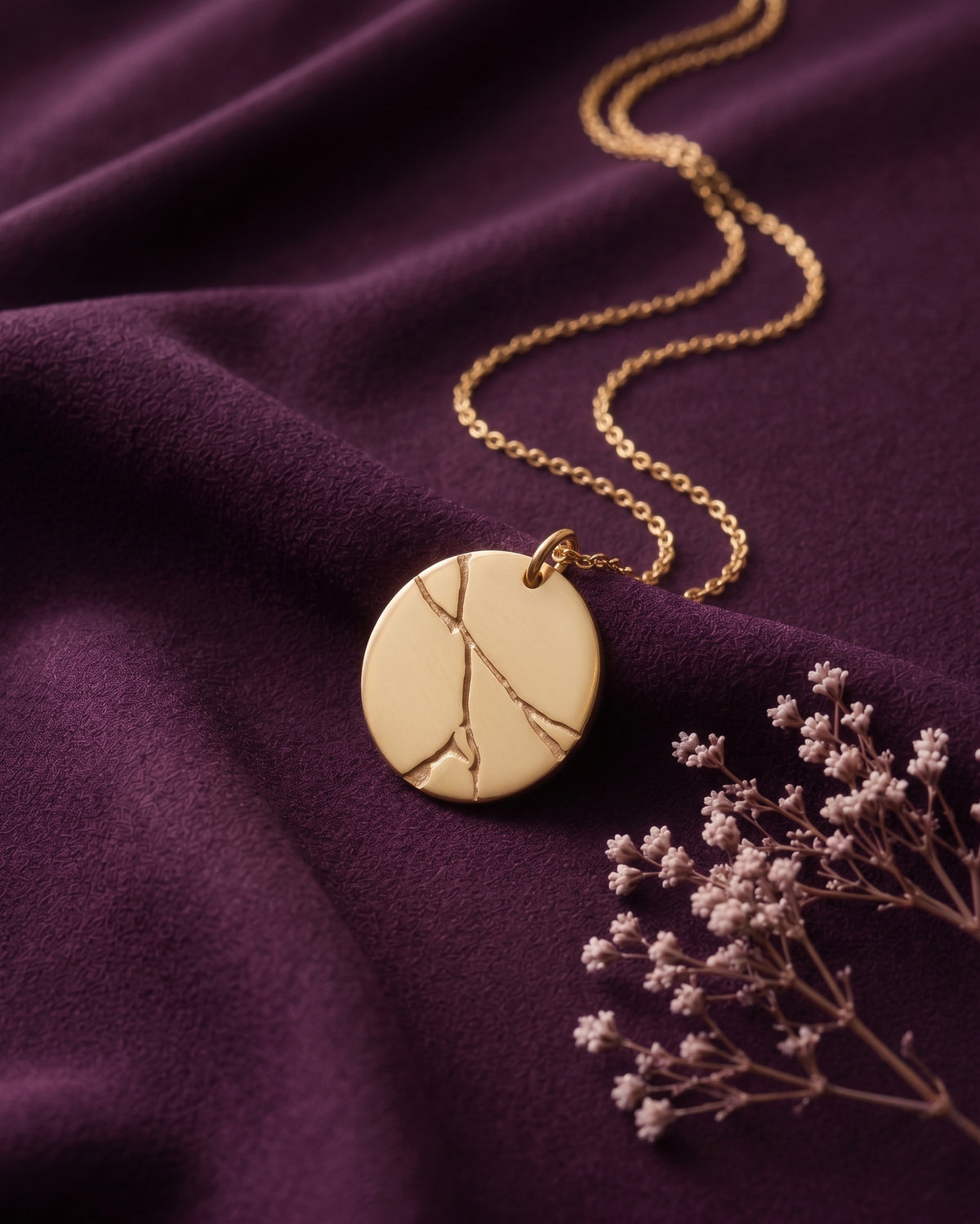 Kintsugi disc necklace on purple velvet with dried flowers