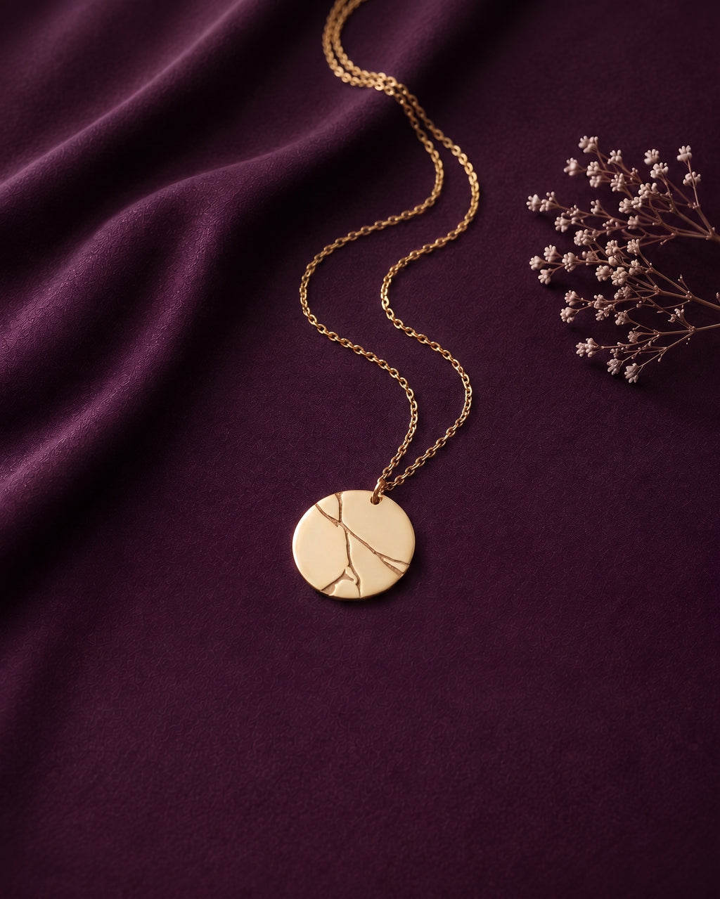 Kintsugi disc necklace laid on purple fabric
