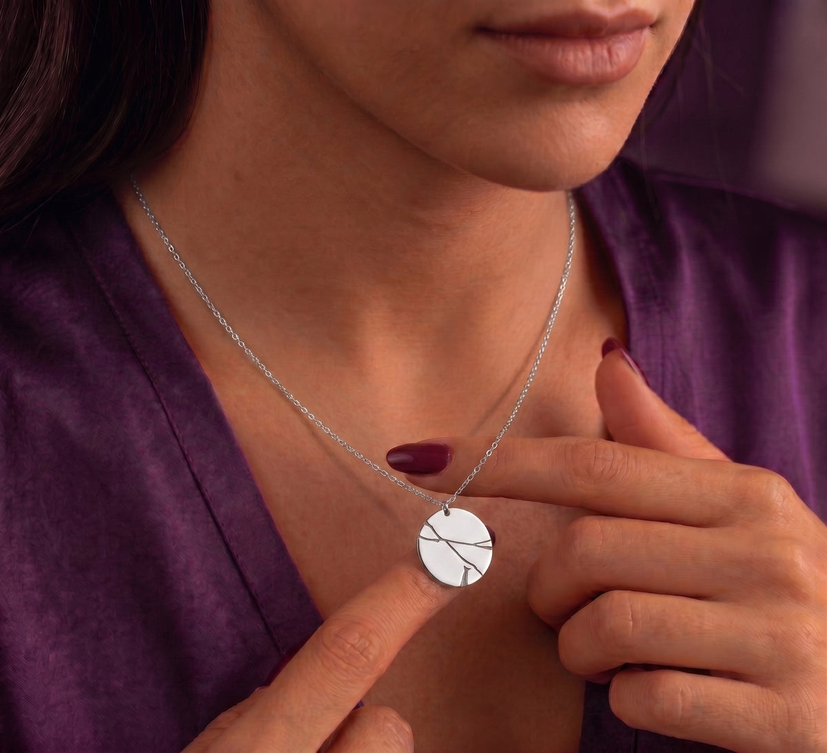 Silver tone kintsugi disc necklace worn