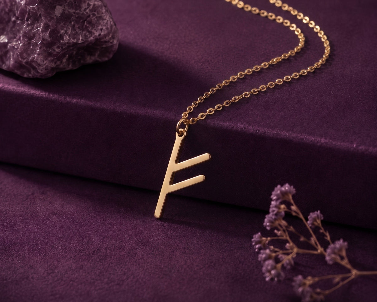 Rune pendant necklace on a plum box beside an amethyst stone