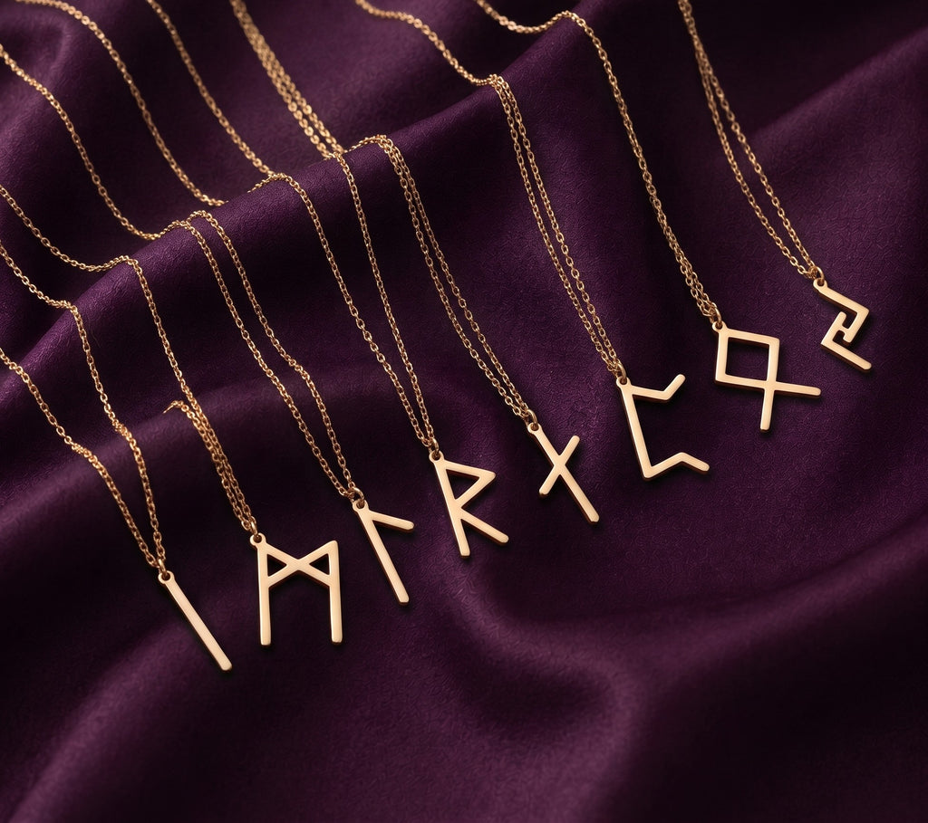 Row of necklaces with different rune pendants
