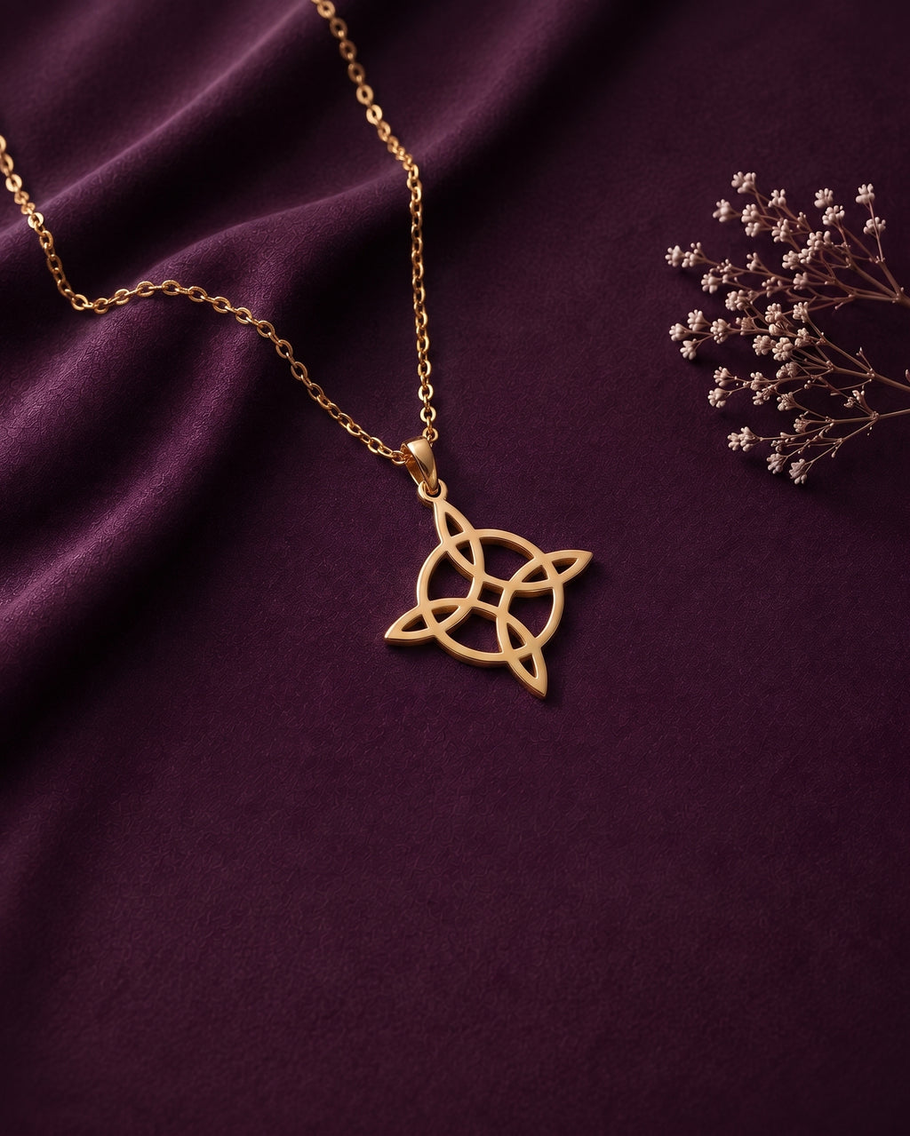 Witch's knot necklace laid on purple fabric